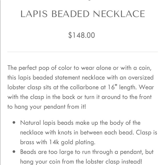 JANE WIN Lapis beaded necklace chain 16 inches gold clasp (coin not included) - Picture 7 of 9